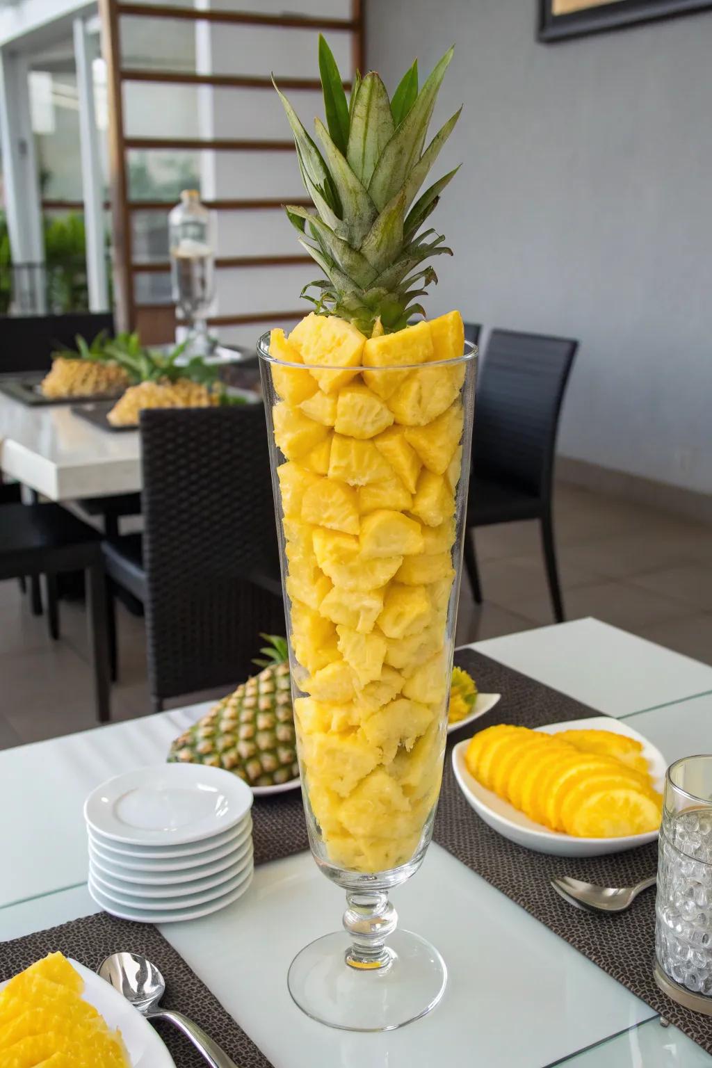 A layered pineapple glass centerpiece offers a sleek, modern aesthetic.