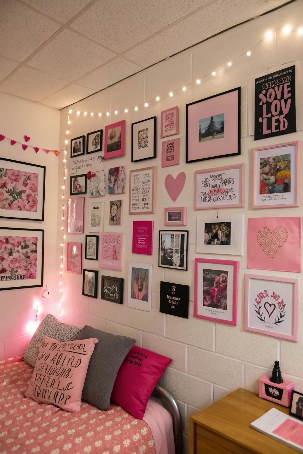 Expressive gallery wall featuring pink and black art.