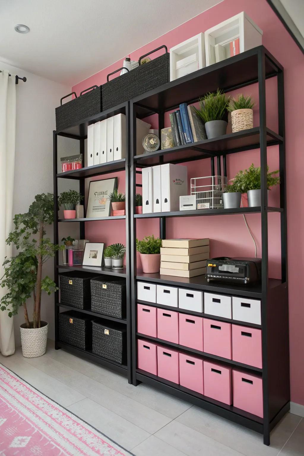 Black shelves provide functional storage and a stylish contrast in this office.