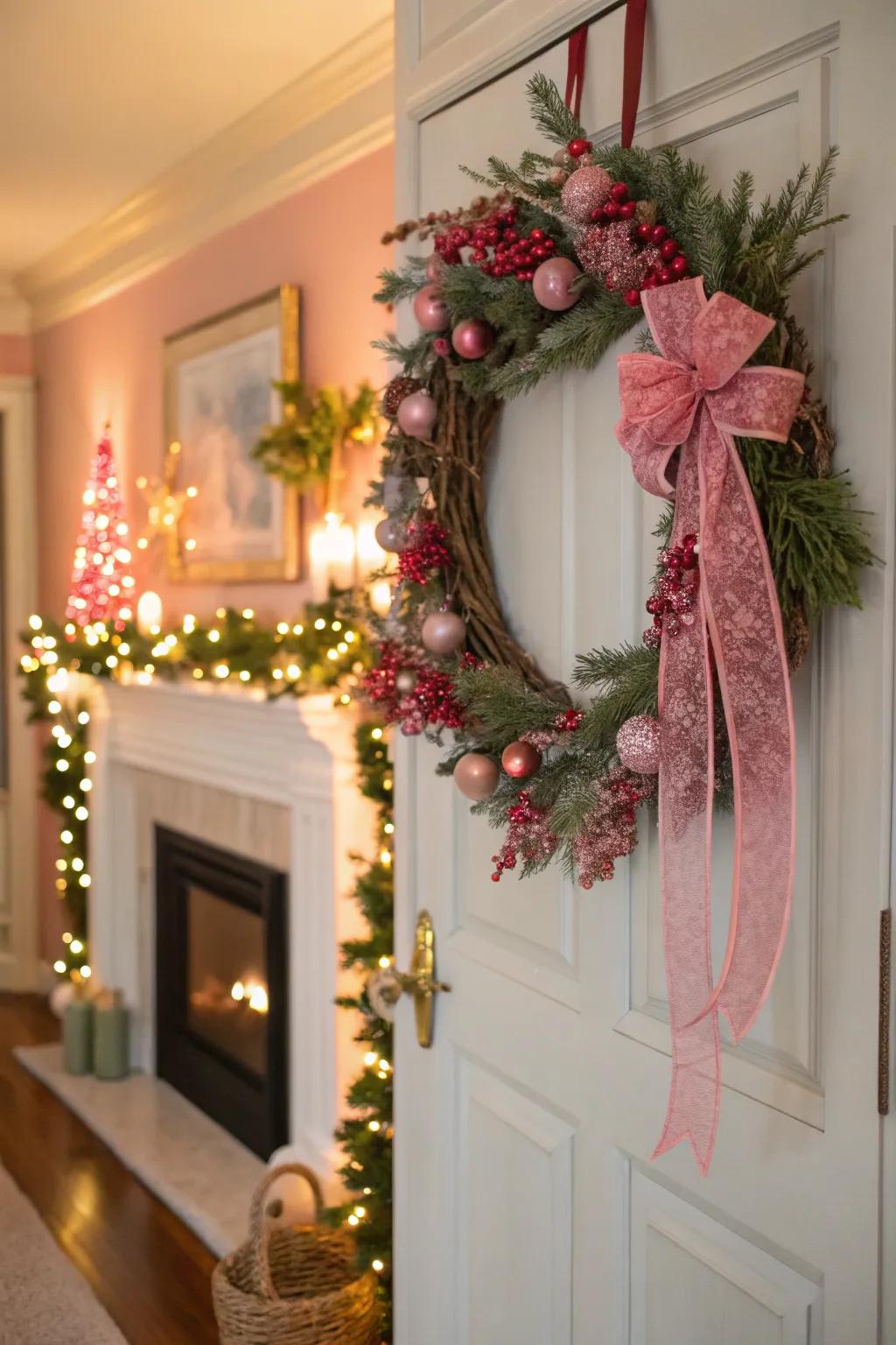 Pink wreaths and garlands carry your theme throughout the home.