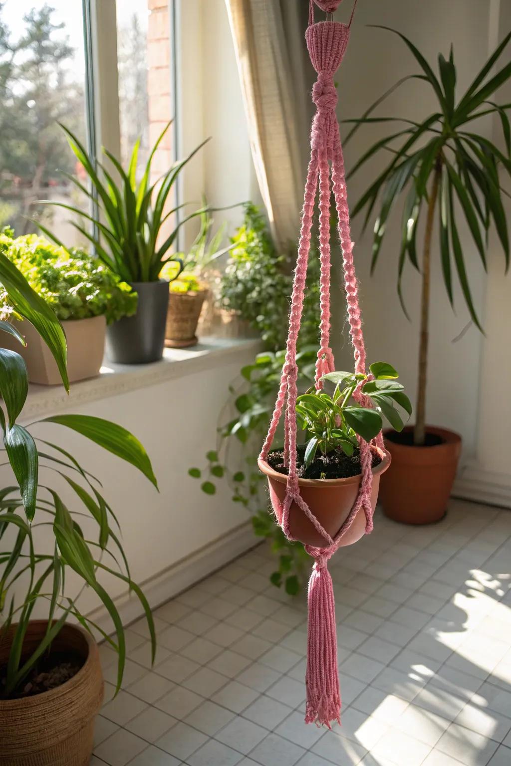 Add a whimsical touch to your plant display with a pink crochet hanger.