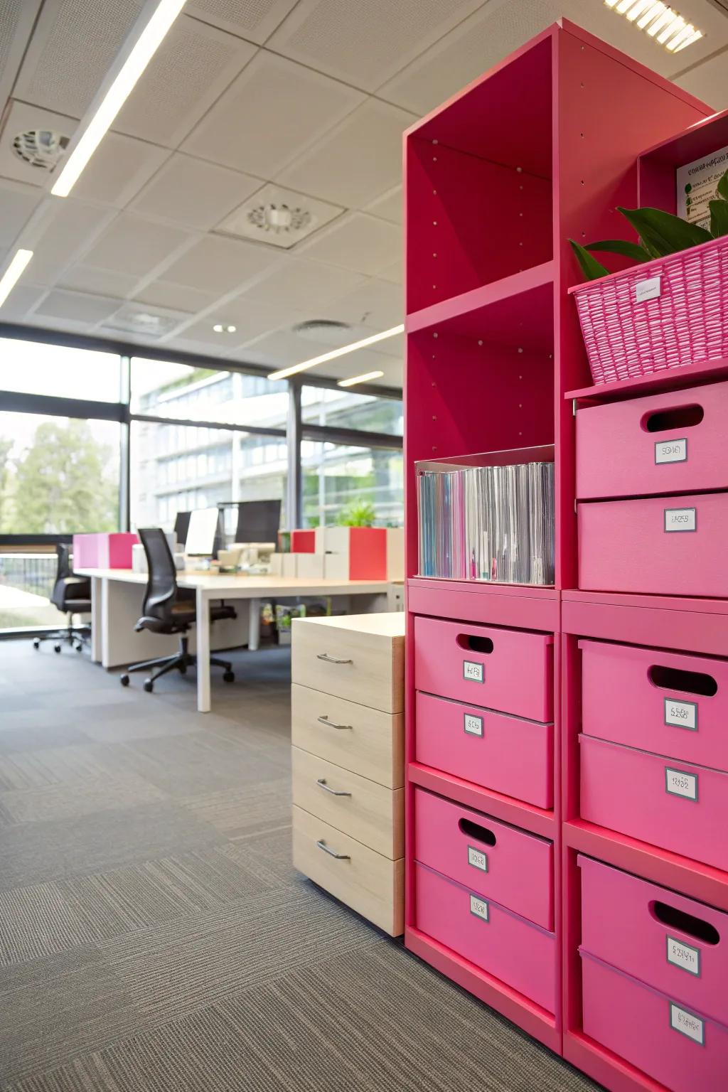 Pink storage solutions keep your office neat and stylish.