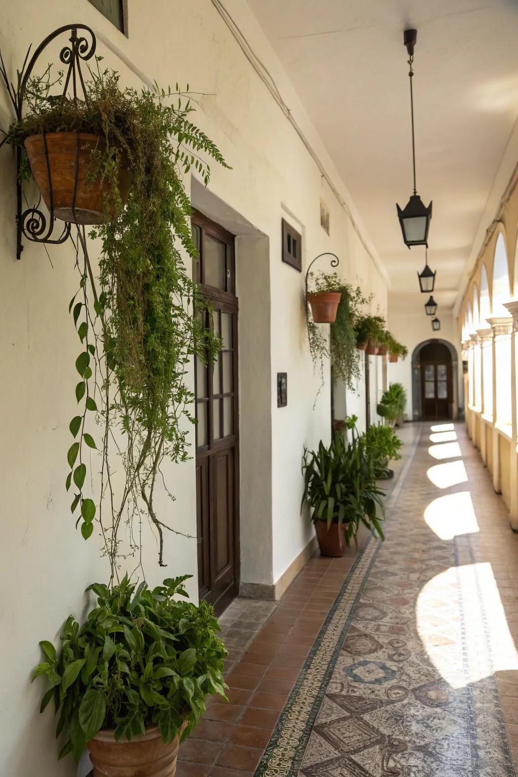 Minimalist elegance with plants on wall hooks.