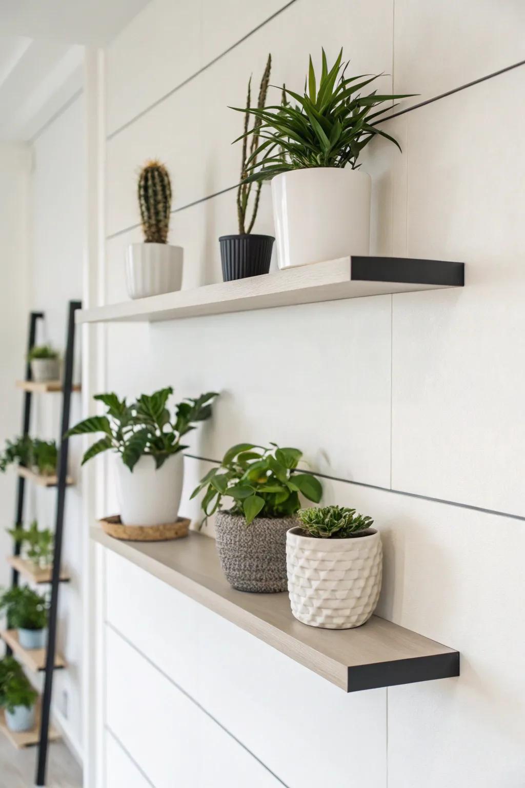 Sleek floating shelves with a minimalist plant display.