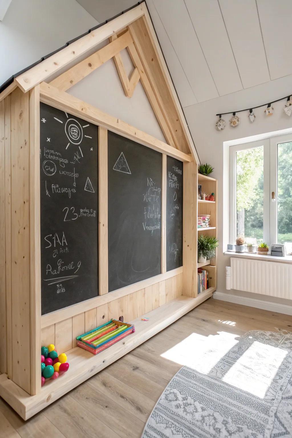 Unleash creativity with a chic chalkboard wall—where minimalist design meets imaginative play!