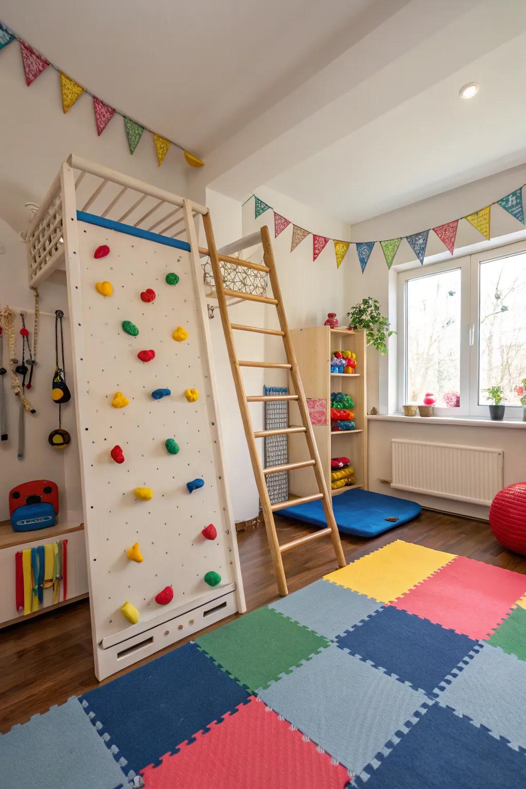 An adventurous playroom with a climbing wall for active play.