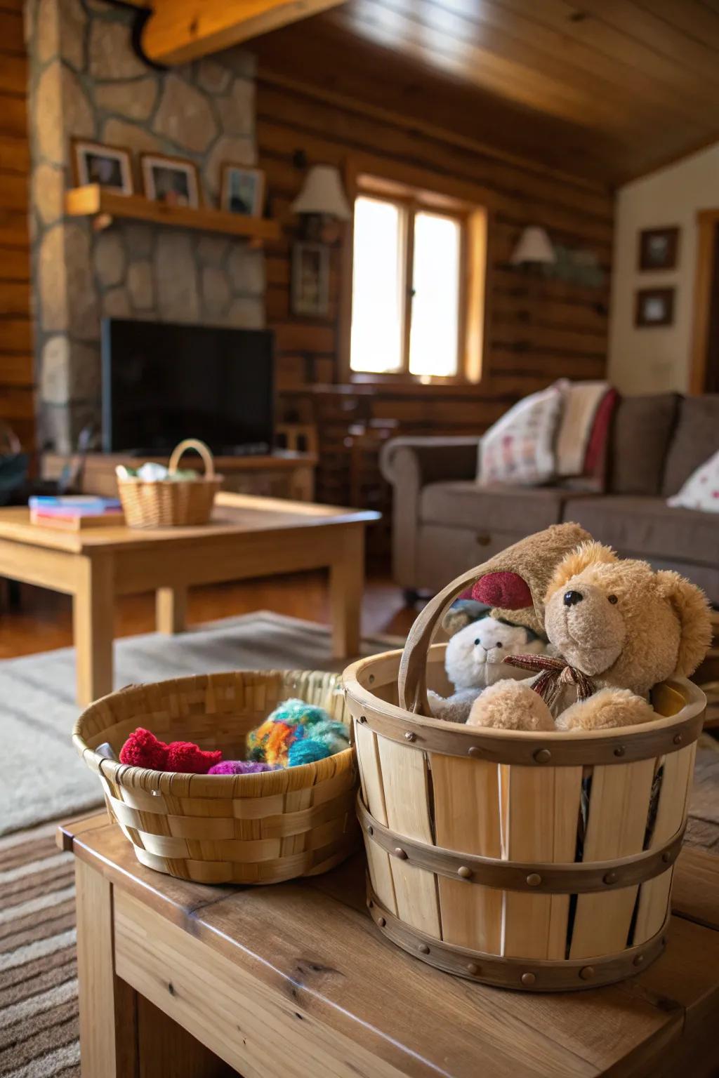 Wooden baskets add rustic charm and practicality.