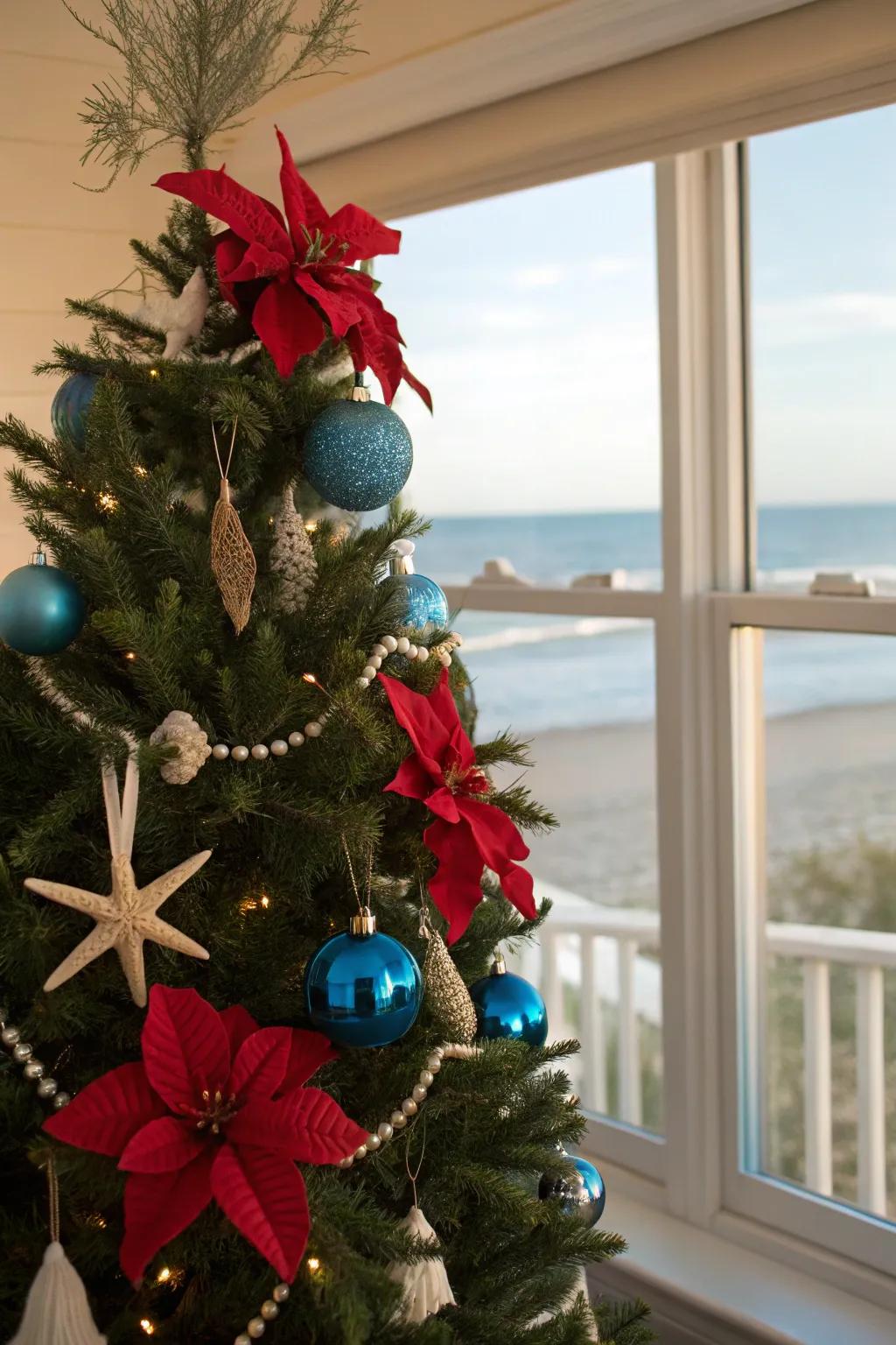 Create a coastal Christmas tree with blue and white accents.