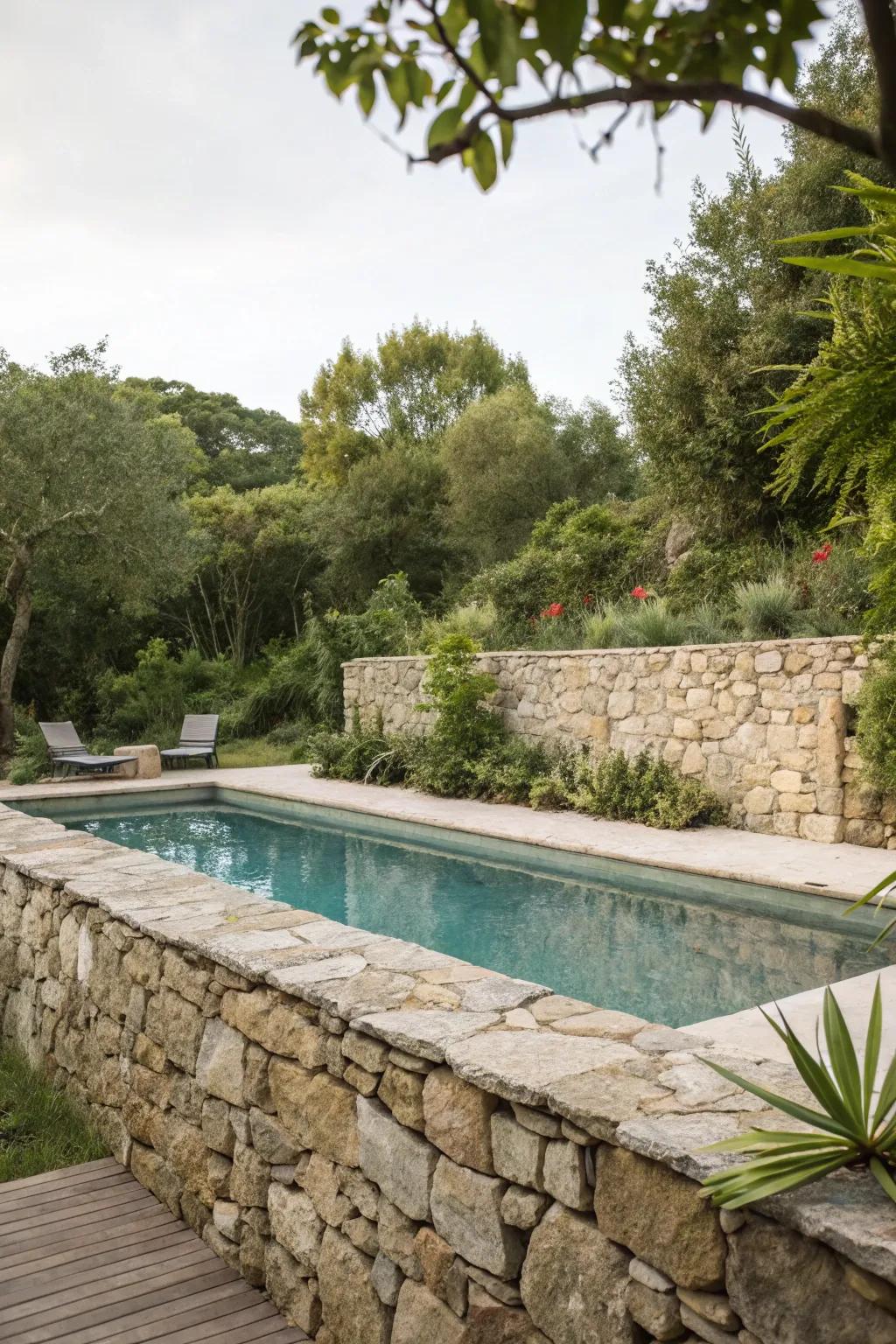 Natural beauty with stone wall pool fencing.