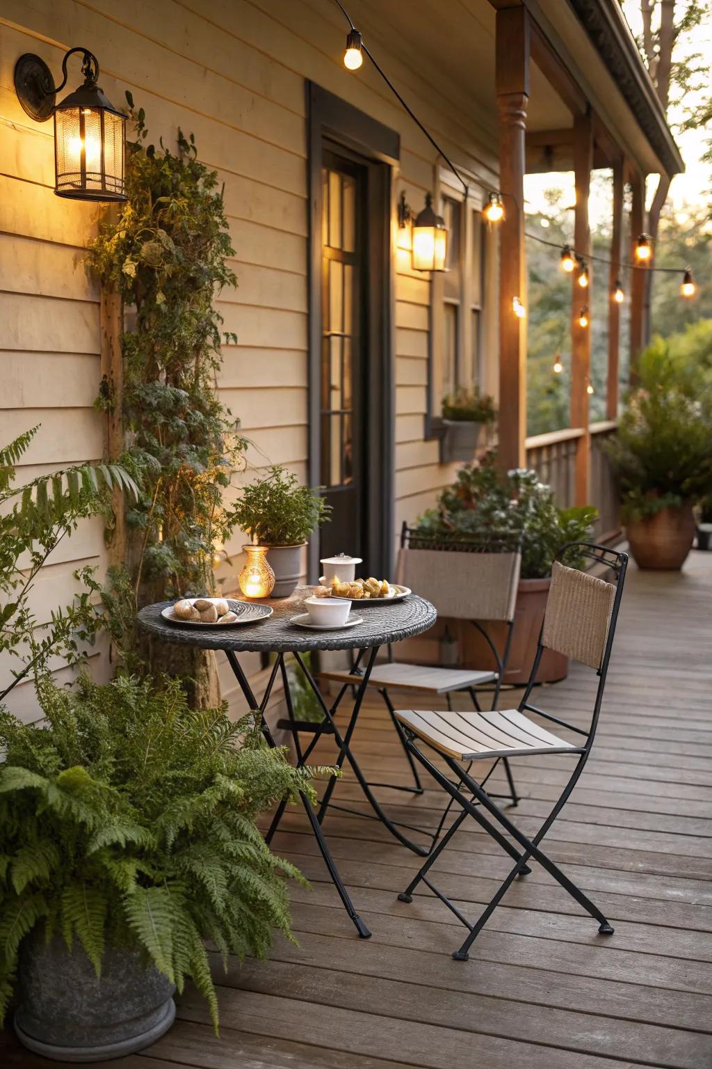 A bistro set invites cozy meals and conversations.