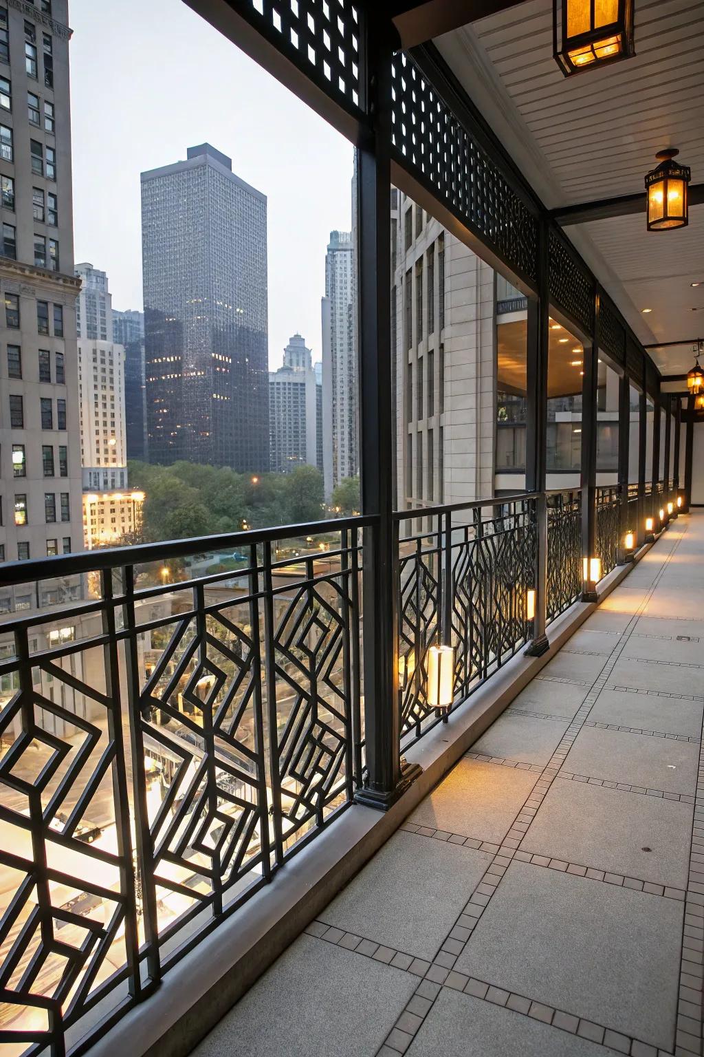 Geometric metal railings add a modern artistic flair.