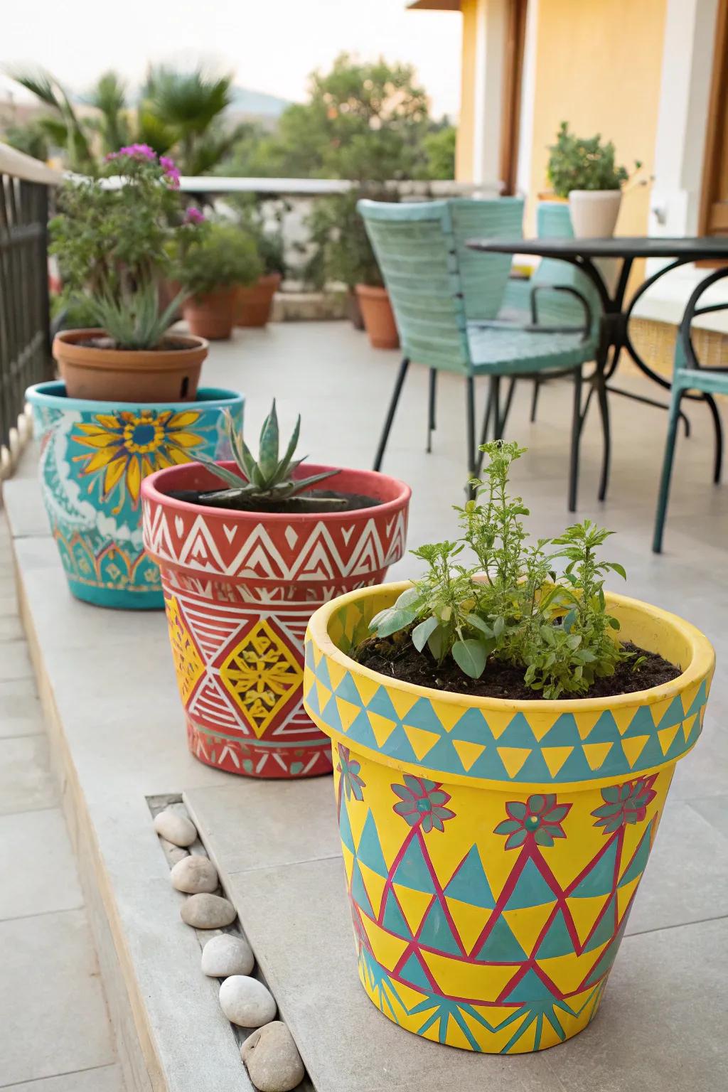 Stenciled patterns can turn plain pots into artistic decor.