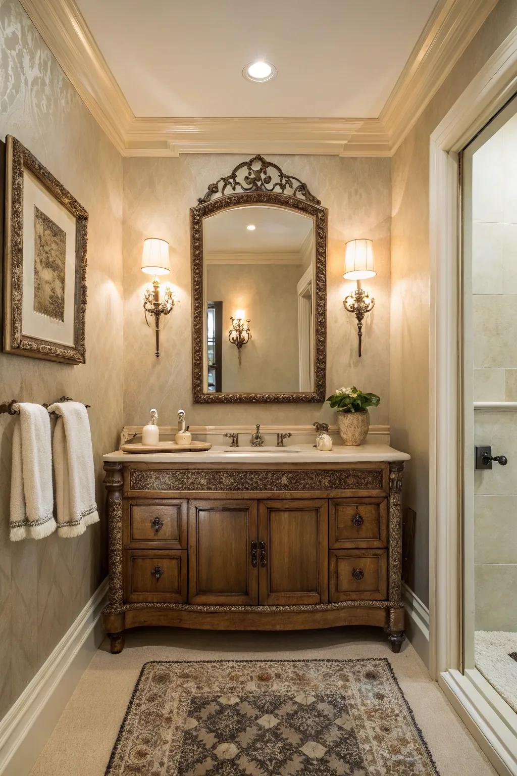 Vintage elements add timeless charm and character to your powder room.