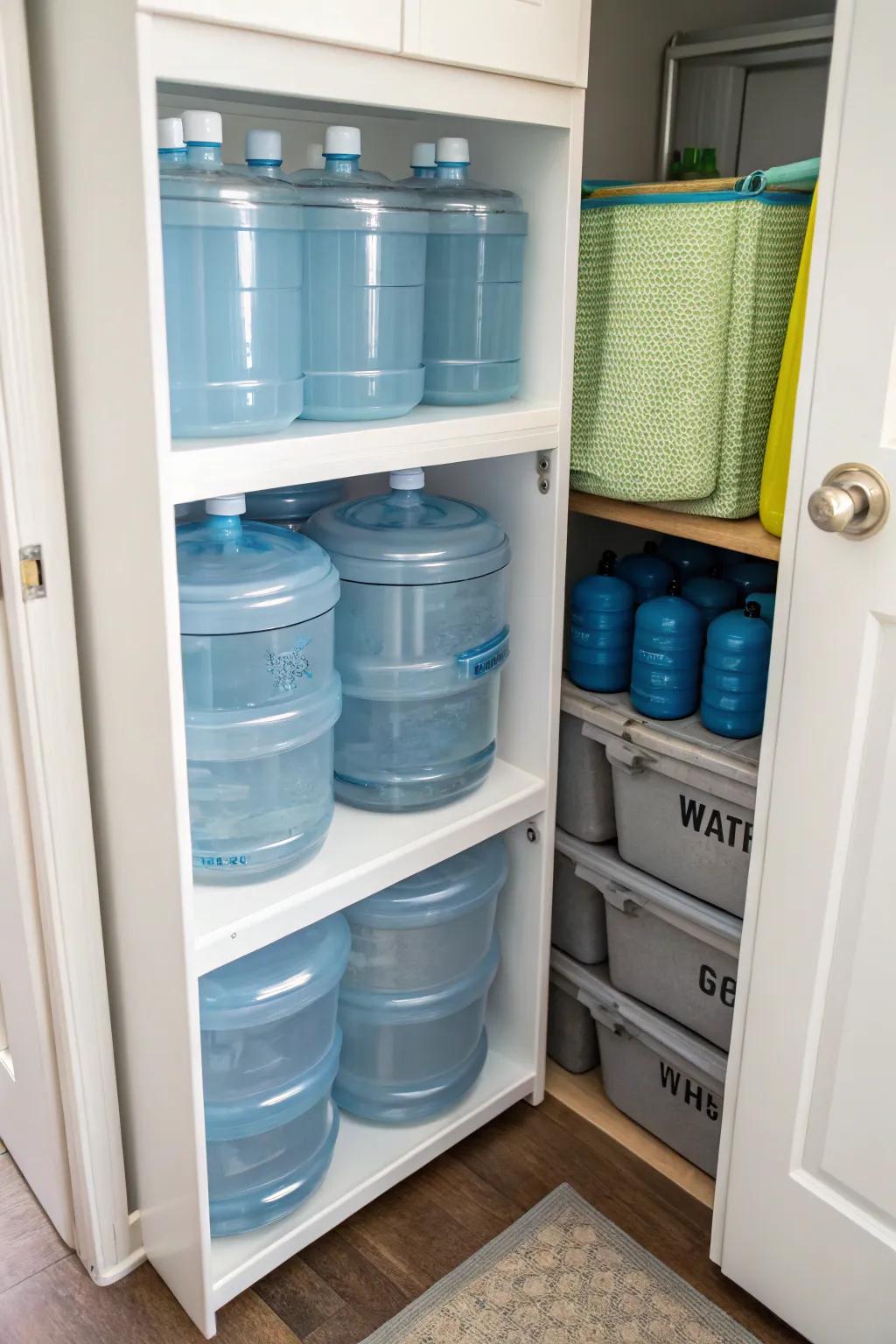 Stackable containers keep your water supply organized.