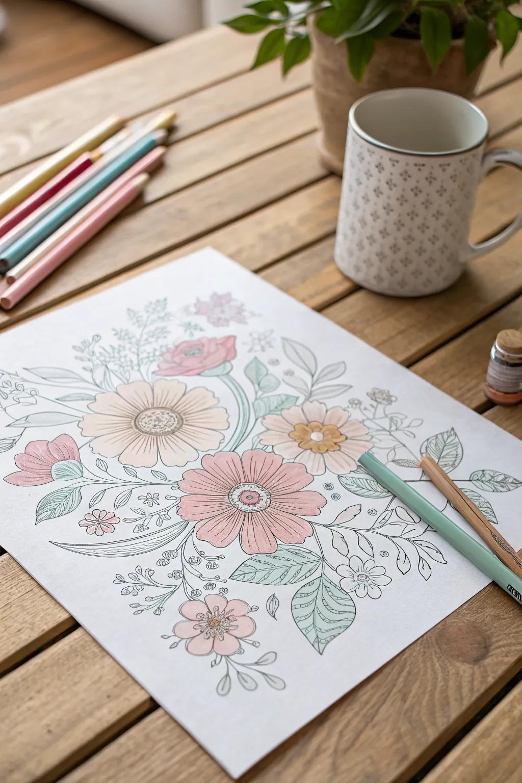 Unleash your creativity with dreamy floral coloring pages in soft pastels.