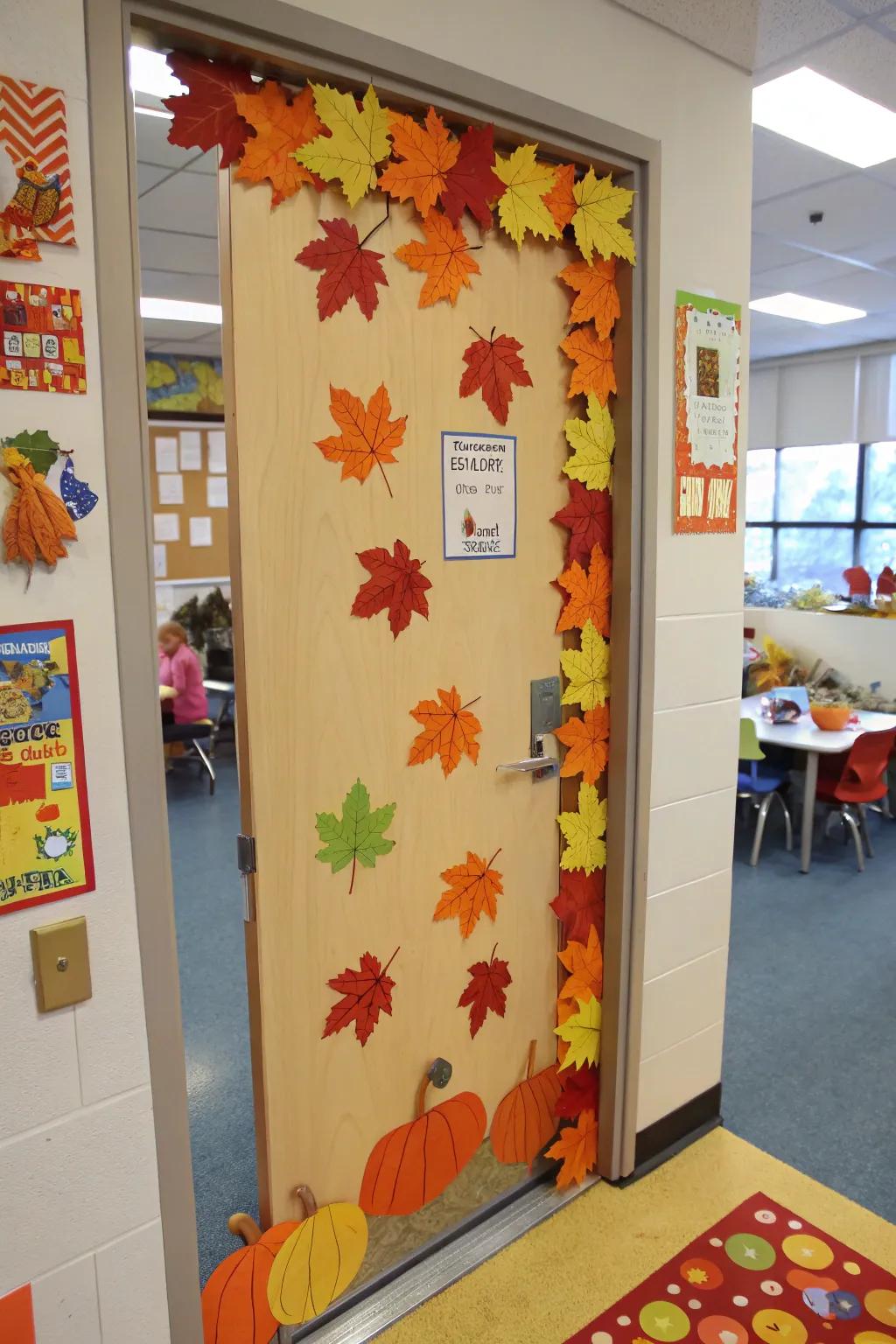 A seasonal-themed door marks the changes in nature beautifully.