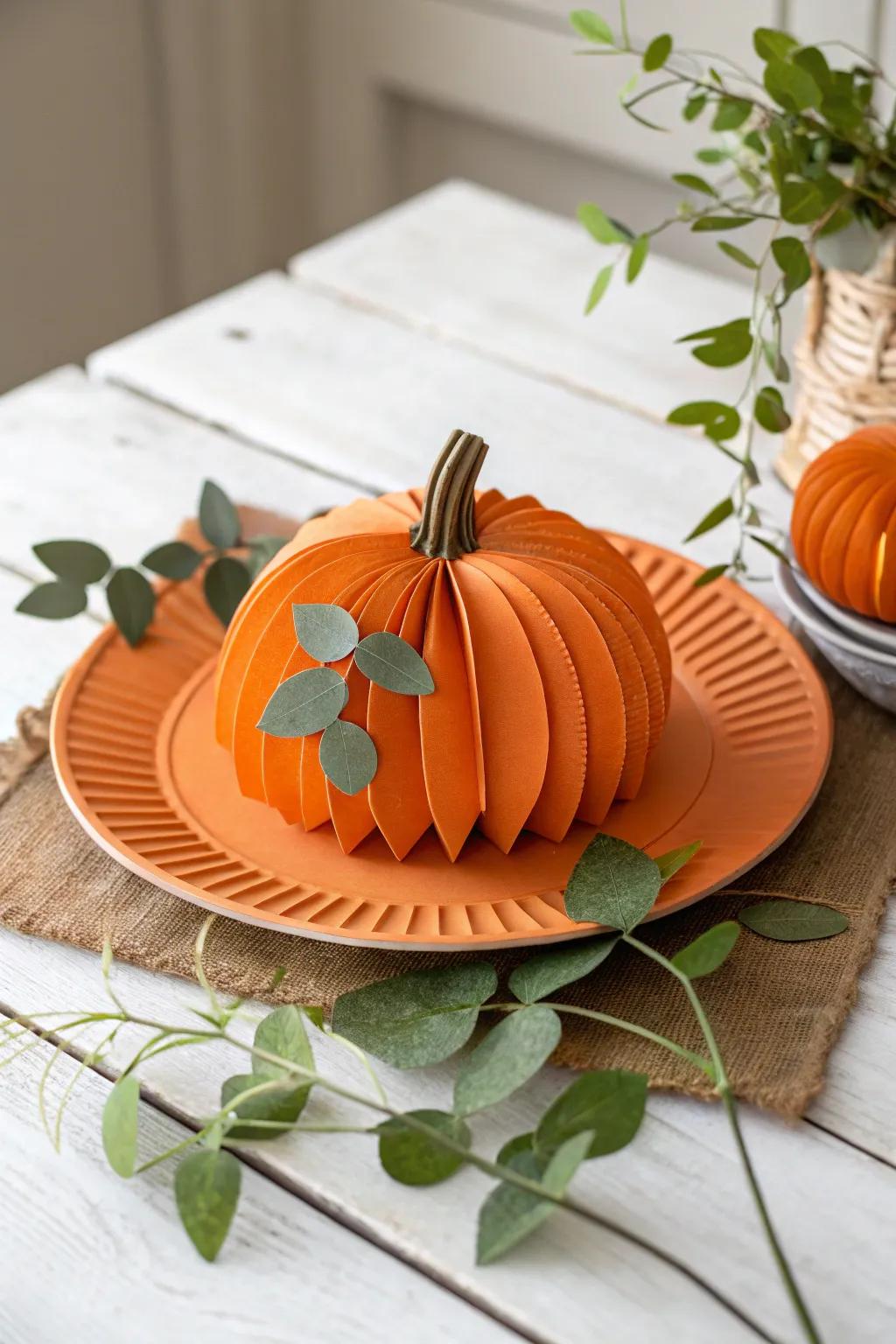 Embrace the charm of handcrafted beauty with a minimalist paper plate pumpkin centerpiece, perfect for a cozy Thanksgiving celebration.