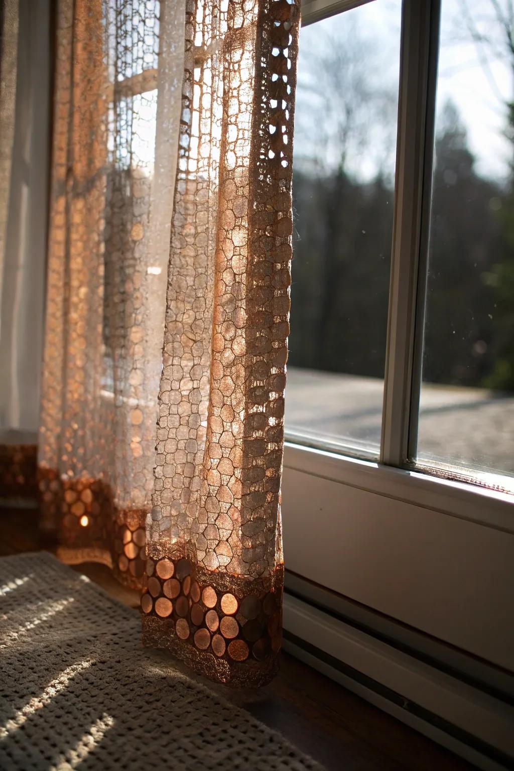 A penny curtain adds a playful and artistic vibe to your space.