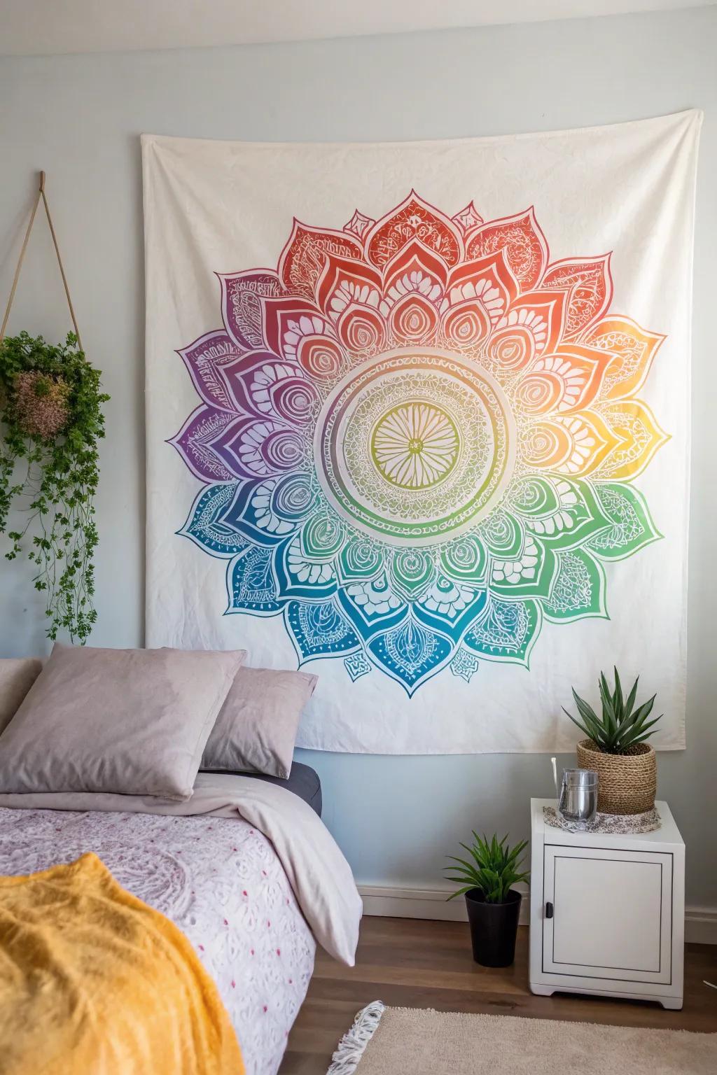 A rainbow mandala offering calm and beauty in a serene bedroom.