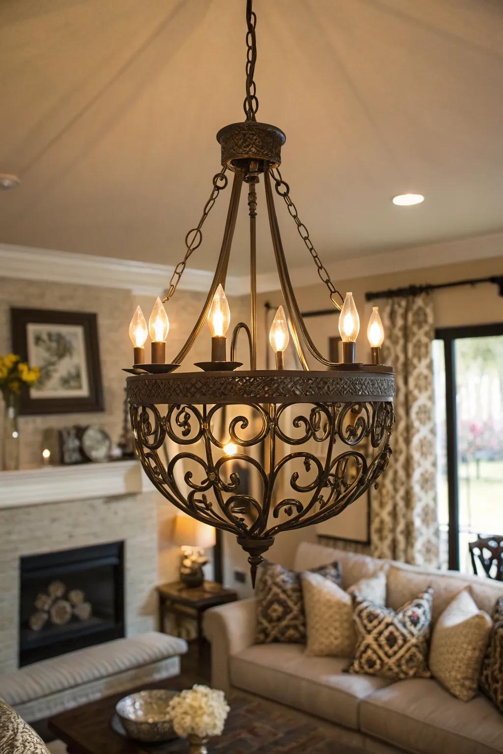 A wrought iron chandelier adding elegance to a living room.