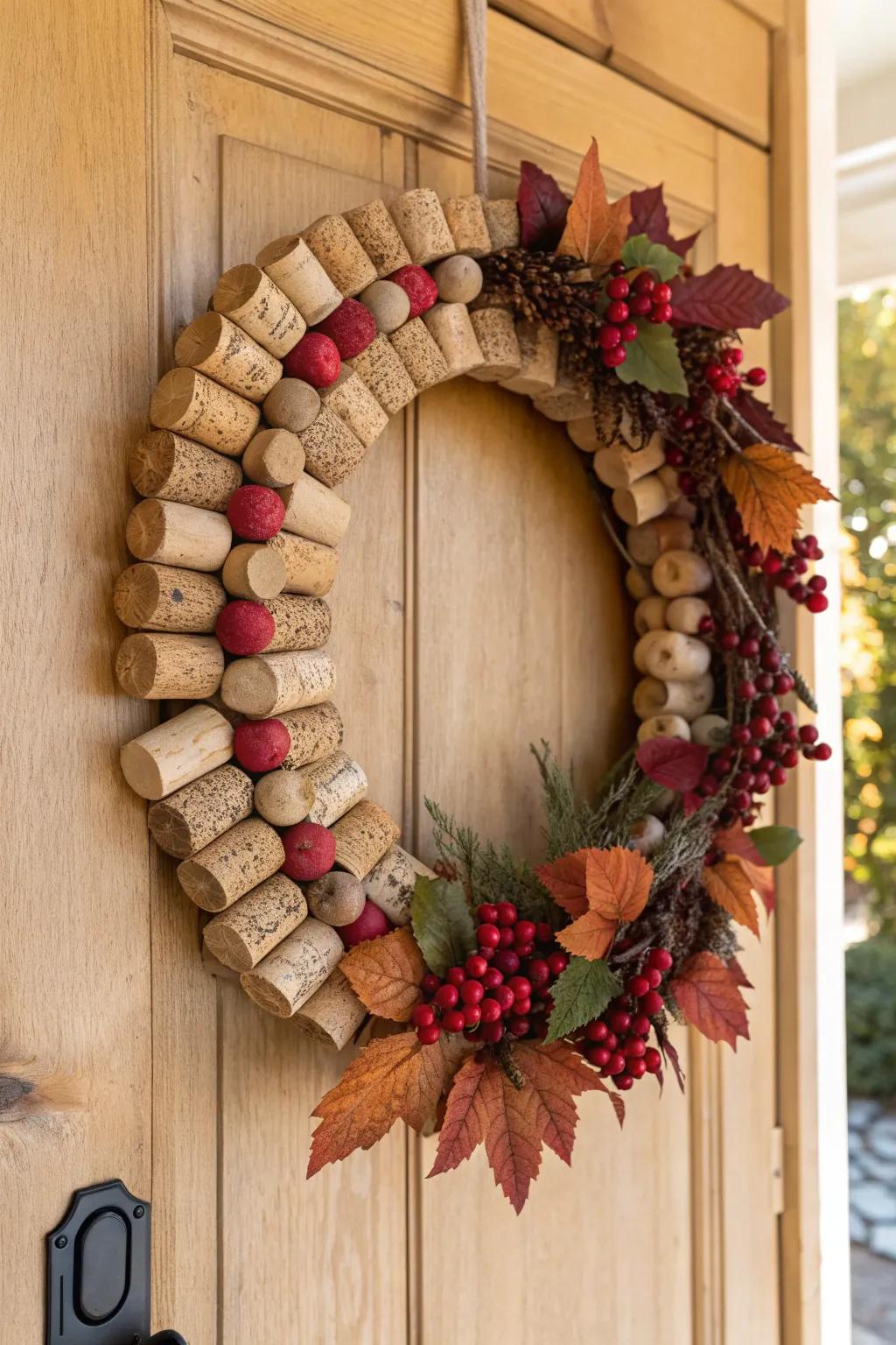 Welcome autumn with a charming wine cork wreath, blending natural elegance with a hint of seasonal flair.