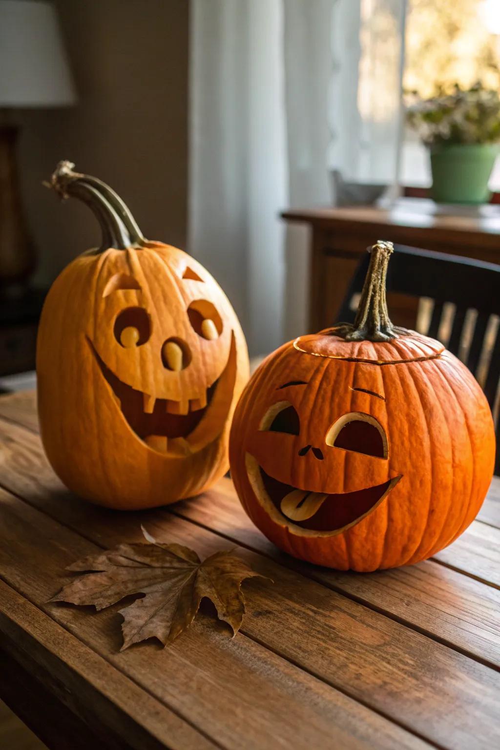 A pair of pumpkins in a playful argument adds humor to your decor.