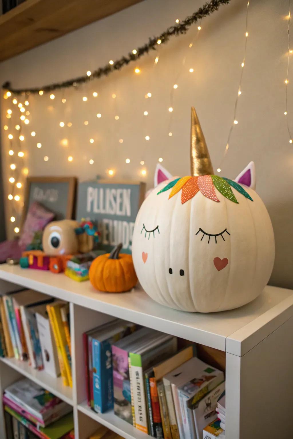 Unicorn pumpkins add a magical touch to any decor.