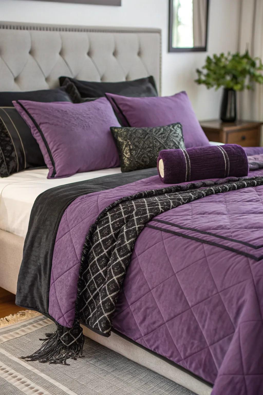 A bed adorned with luxurious purple and black bedding.