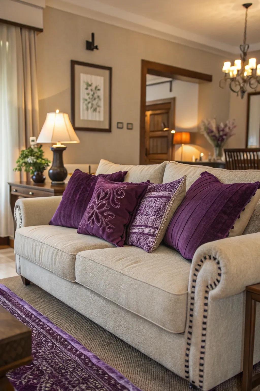 Purple throw pillows bring color and comfort.