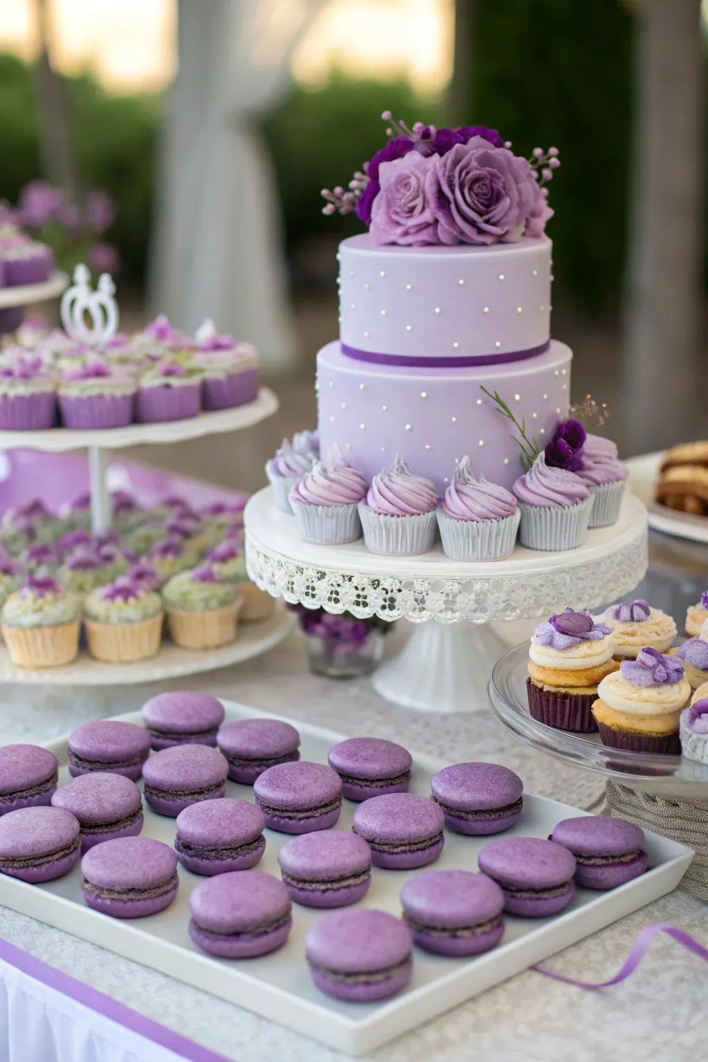 A delightful purple dessert table that's sure to impress.