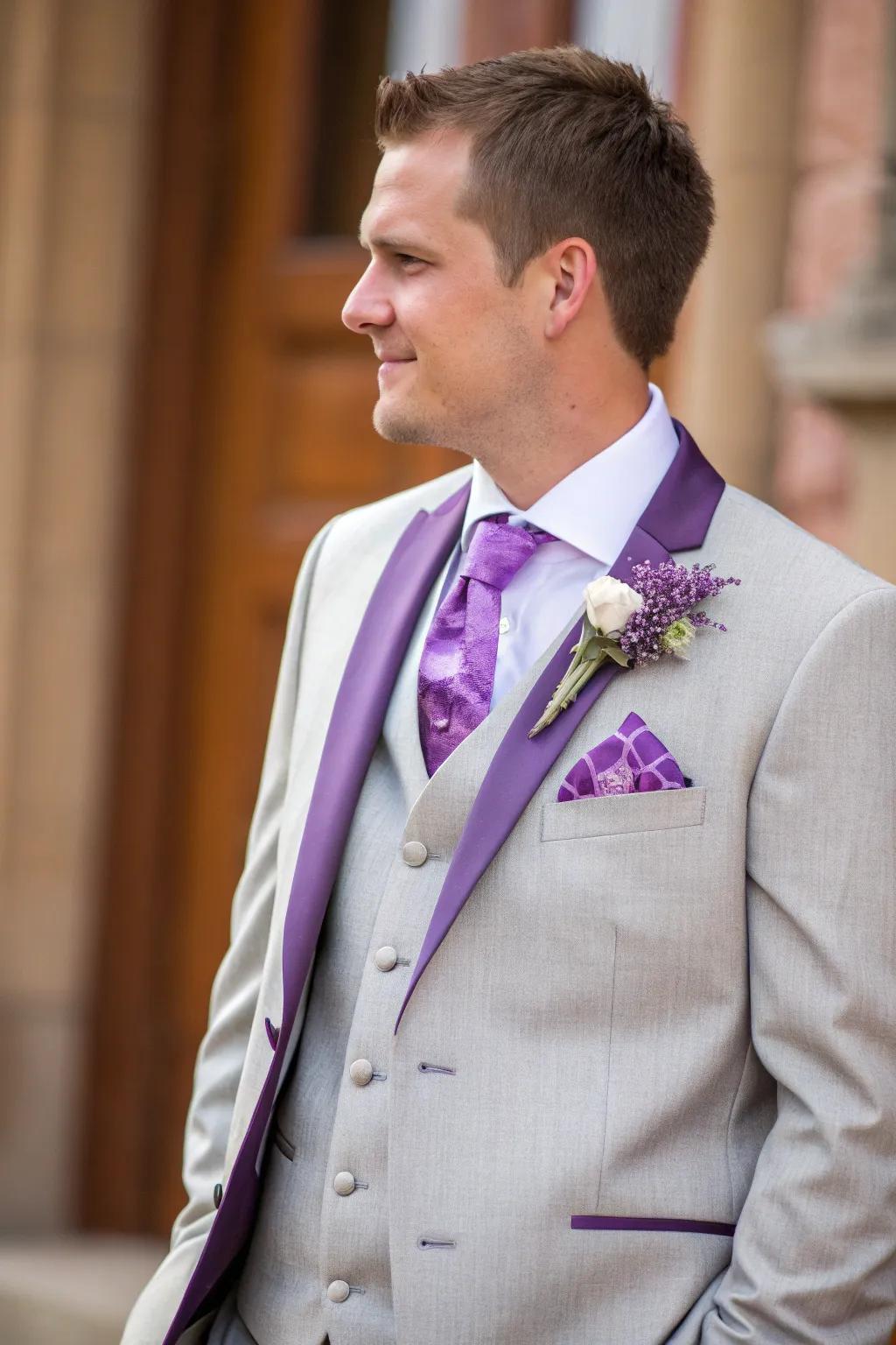 A groom's attire accented with a purple tie and pocket square.