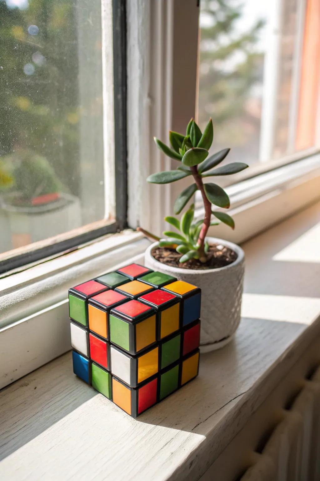 A puzzle cube transforms into a charming plant holder for this succulent.