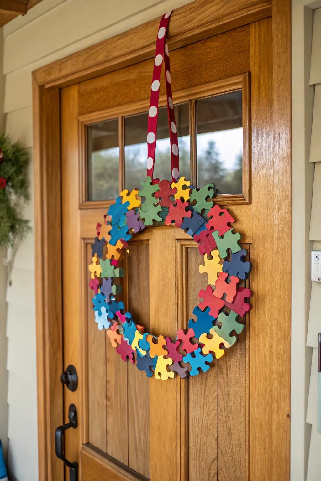 Welcome guests with a festive puzzle piece wreath.