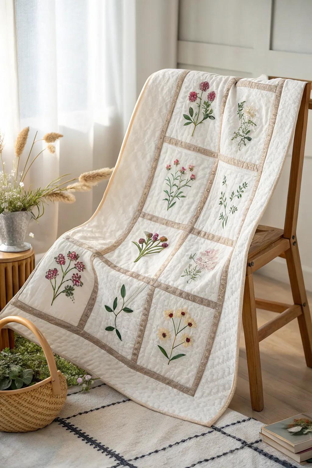 Discover the art of fussy-cutting: Every quilt cornerstone is a tiny floral garden, crafted with love and precision.