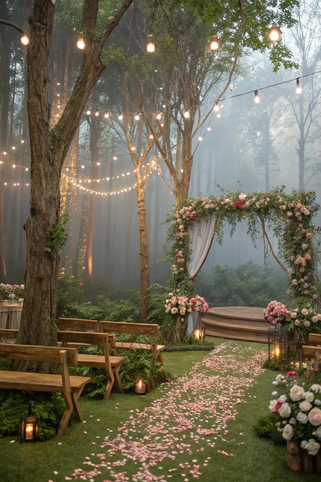 A whimsical enchanted forest-themed quinceanera with twinkling lights and natural elements.