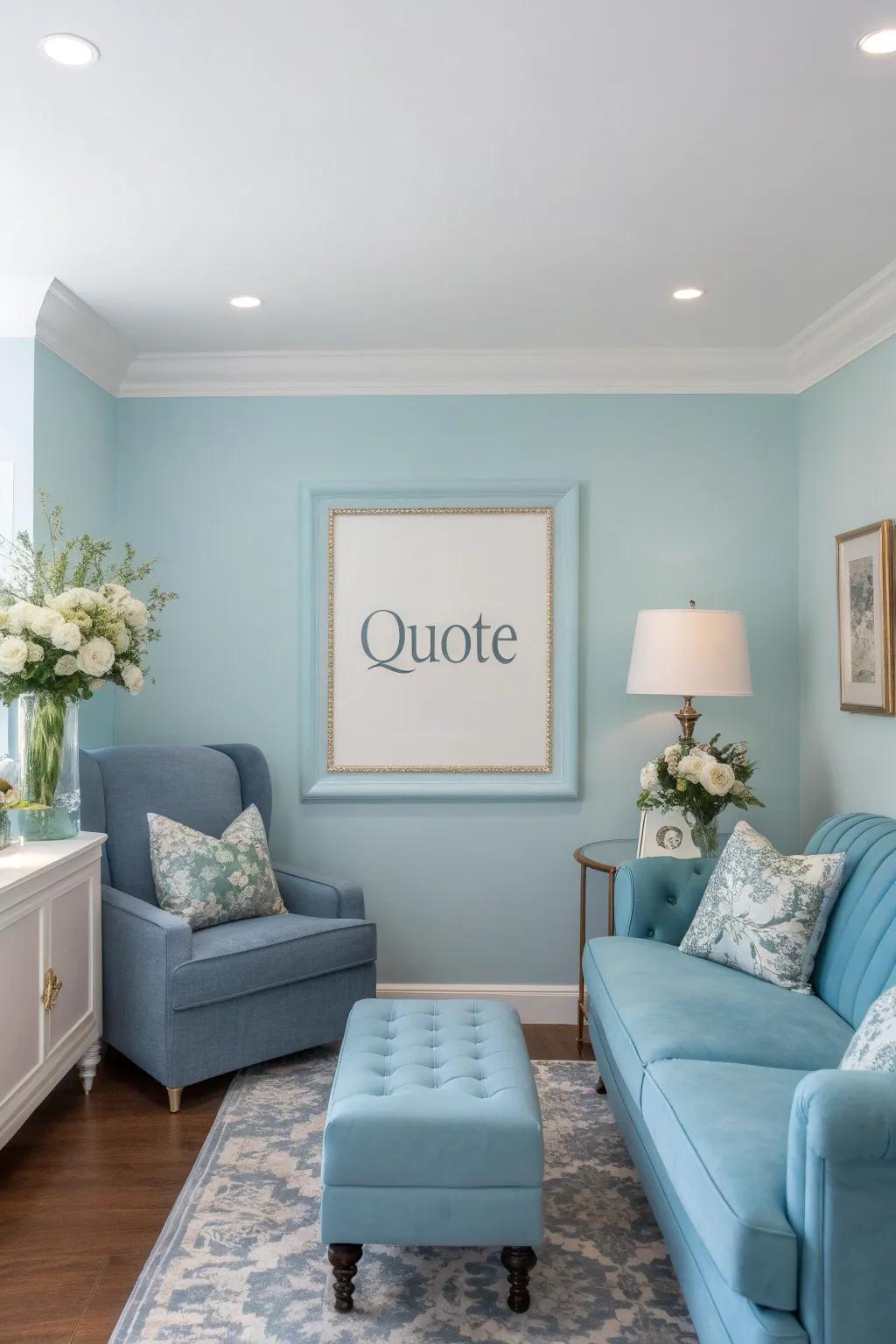 A room with a color-coordinated theme featuring a harmoniously integrated quote.