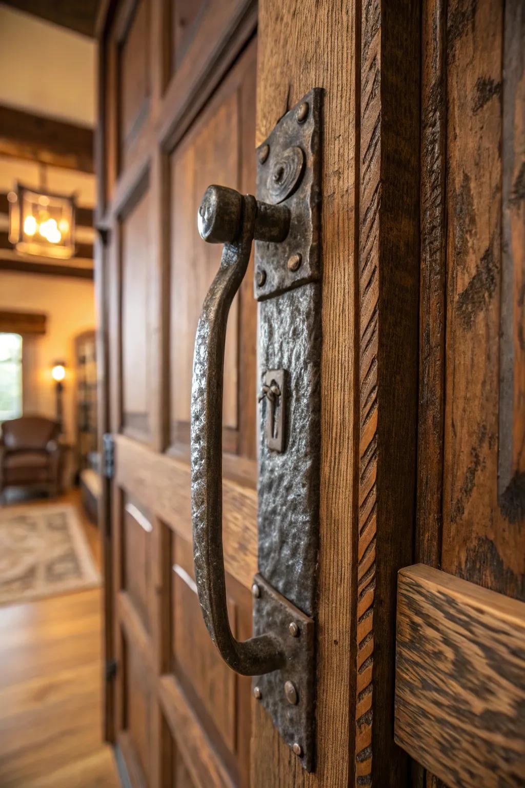 Unlock history with every turn: Railroad spike door handles add a unique rustic charm to your space.