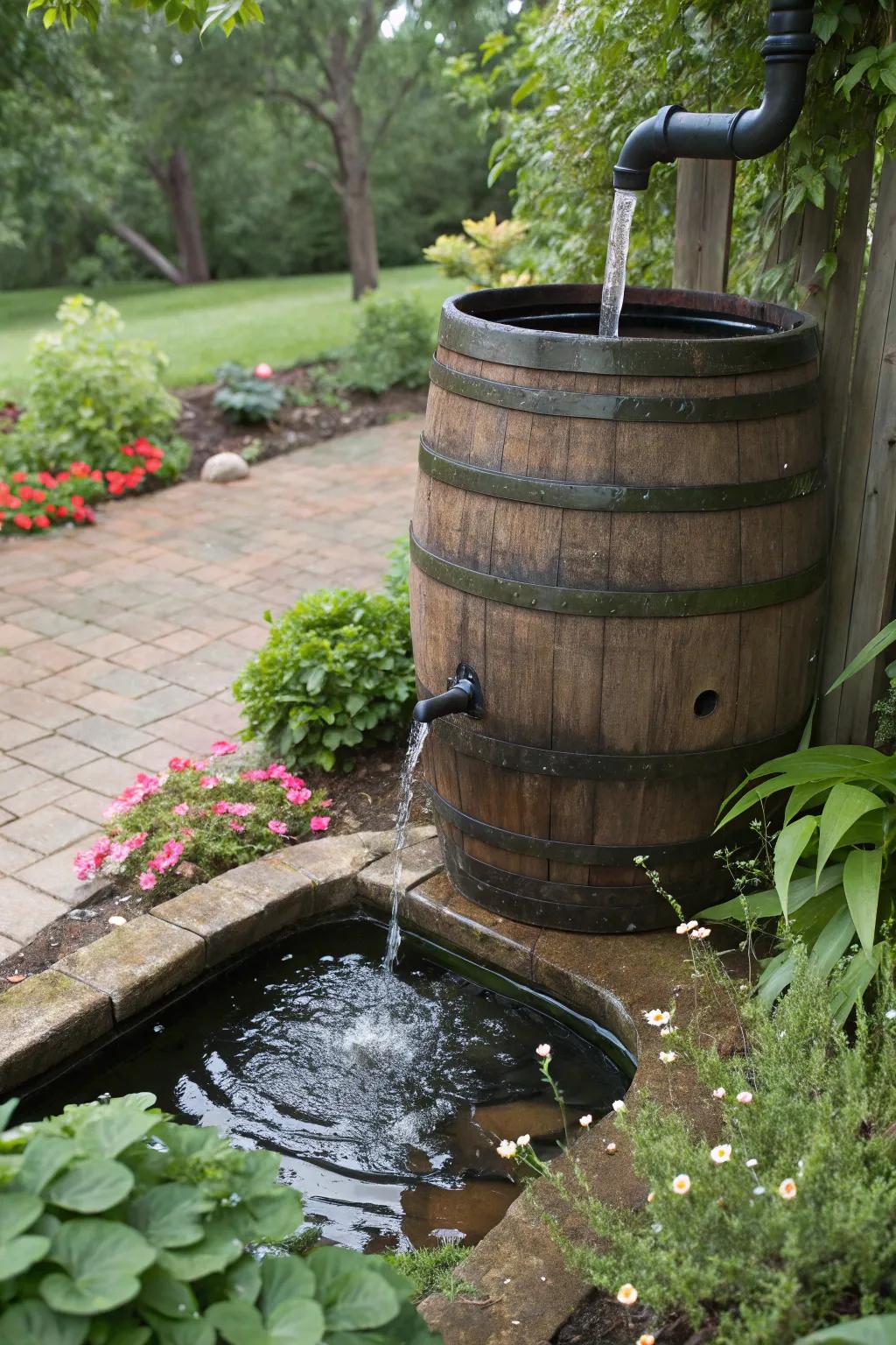 Integrating your rain barrel into a water feature adds tranquility and style.