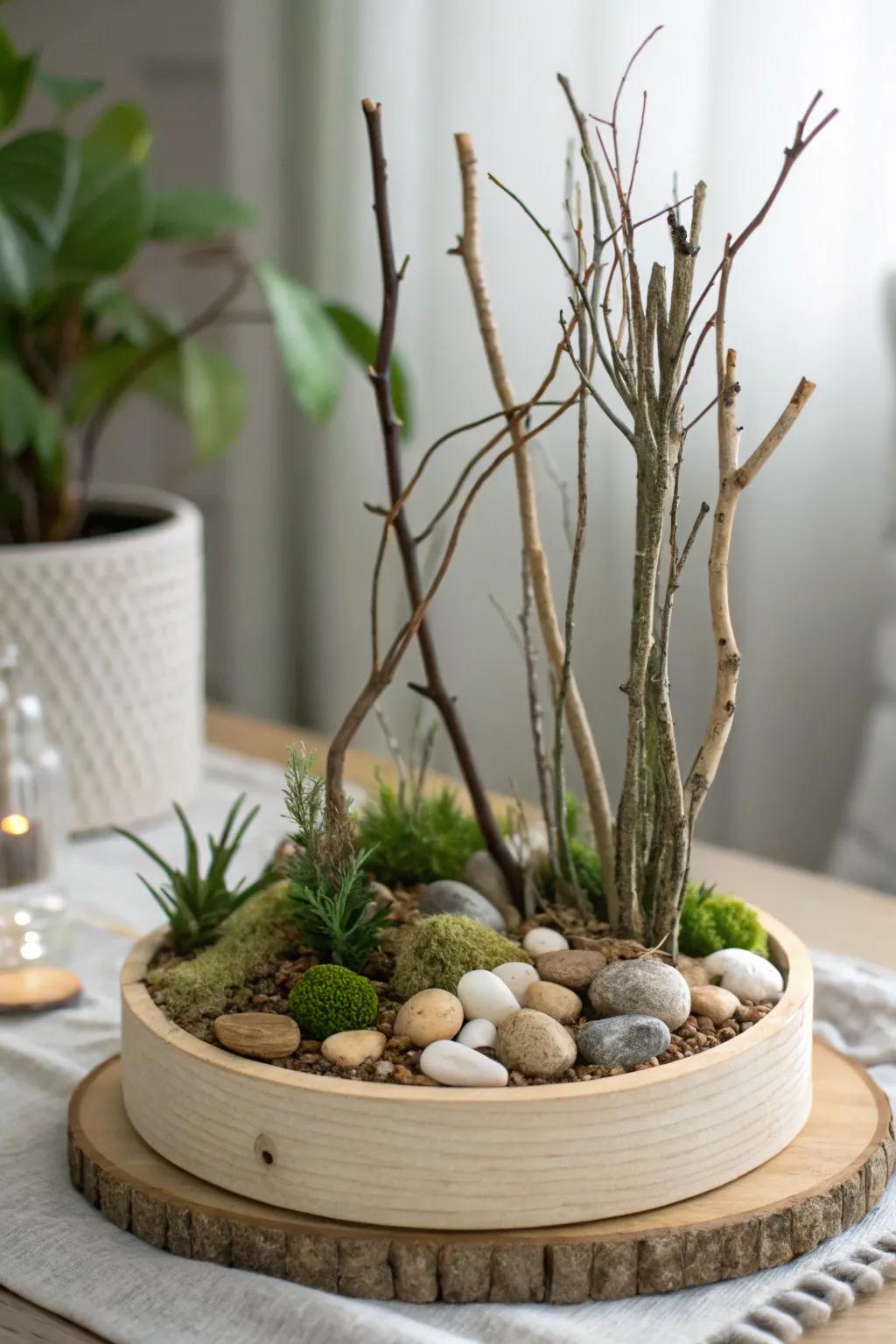 Embrace nature's beauty with a minimalist rainforest diorama crafted from real twigs and stones.