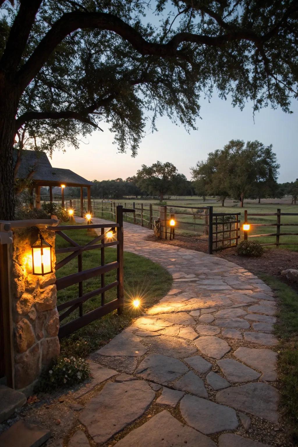 Solar-powered lights offer an eco-friendly glow to this ranch entrance.