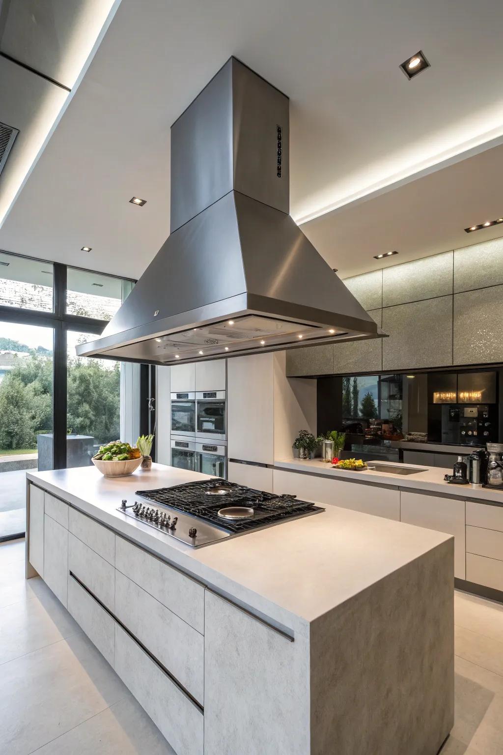 Geometric shapes in range hoods add a contemporary flair to kitchens.