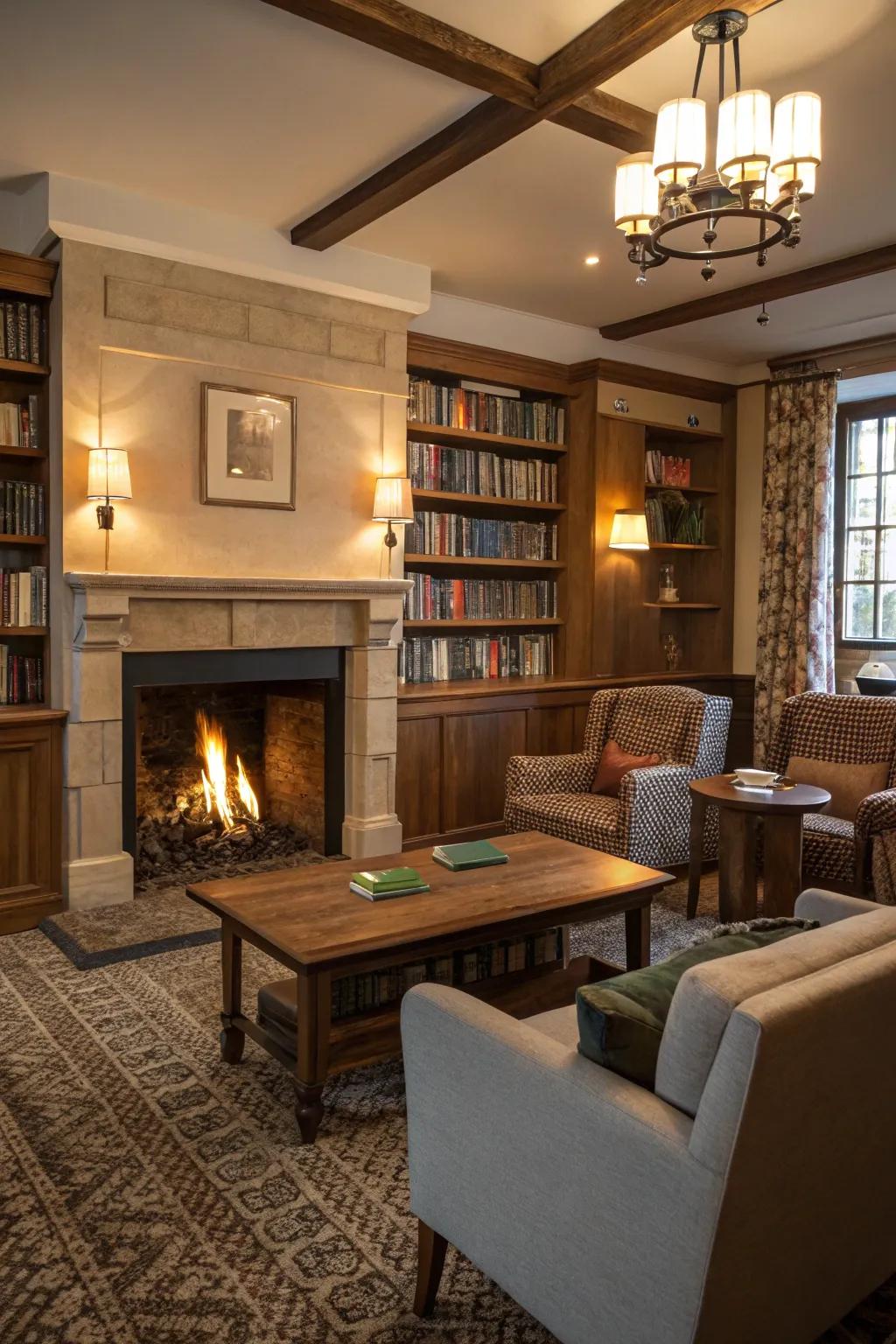 A fireplace creates a warm, inviting reading space.