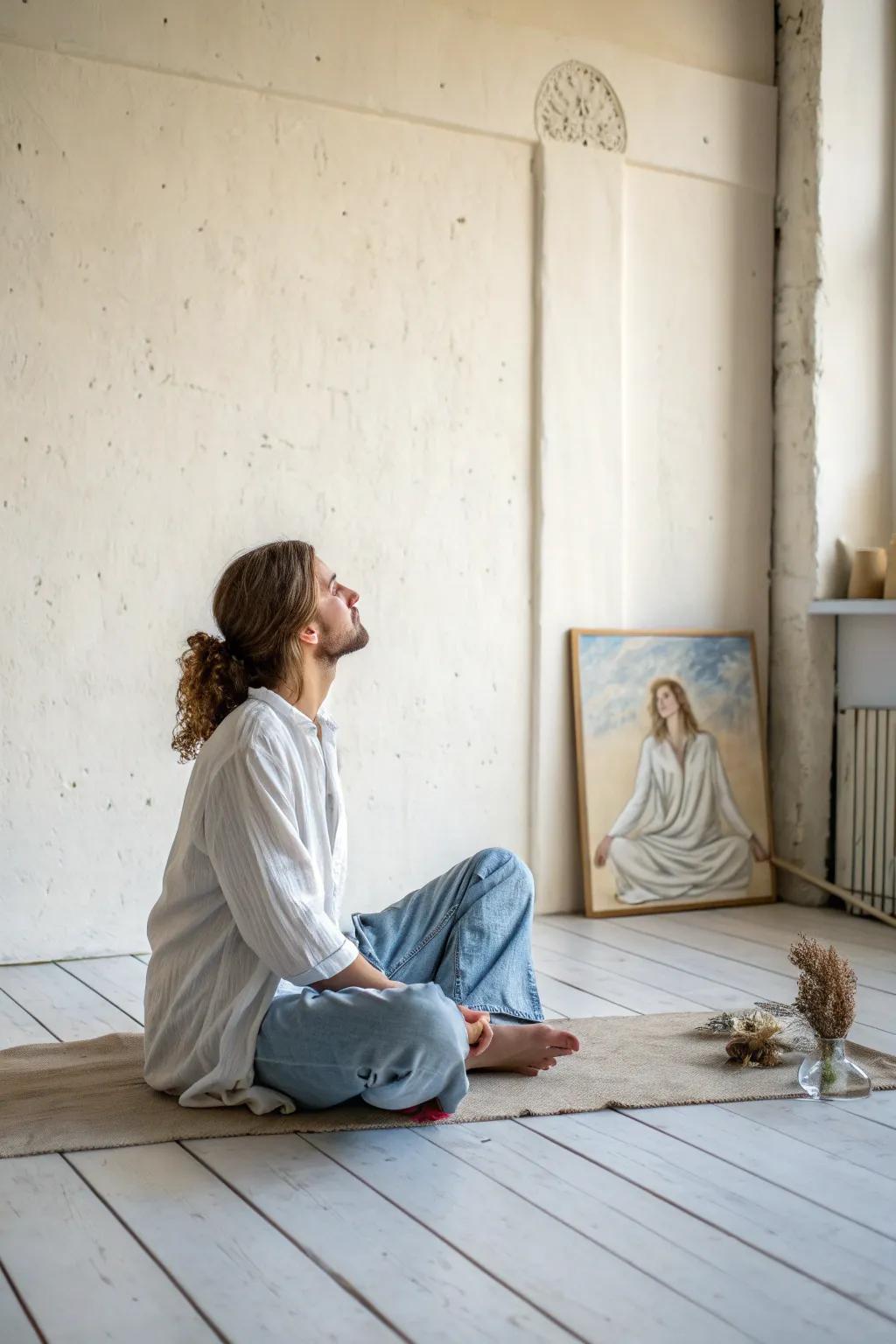 Embrace the art of simplicity with this serene human figure painting, where minimalism meets natural elegance.