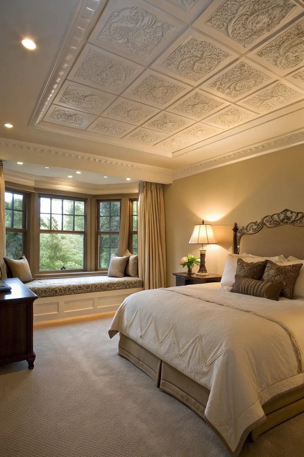 A bedroom with a recessed ceiling adorned with subtle molding.