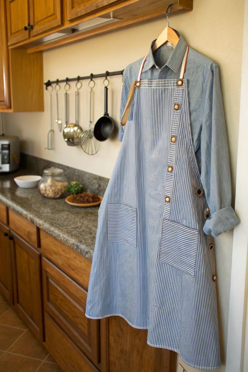 A functional apron crafted from an old shirt is perfect for any kitchen.