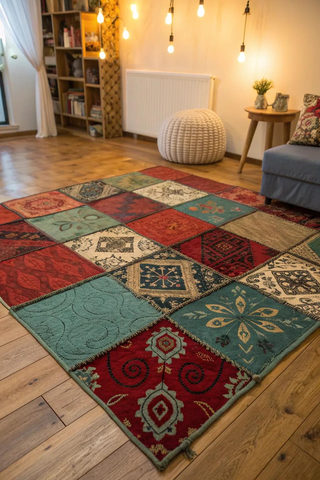 Transform your space with the artistic flair of patchwork carpet art – where sustainability meets style.