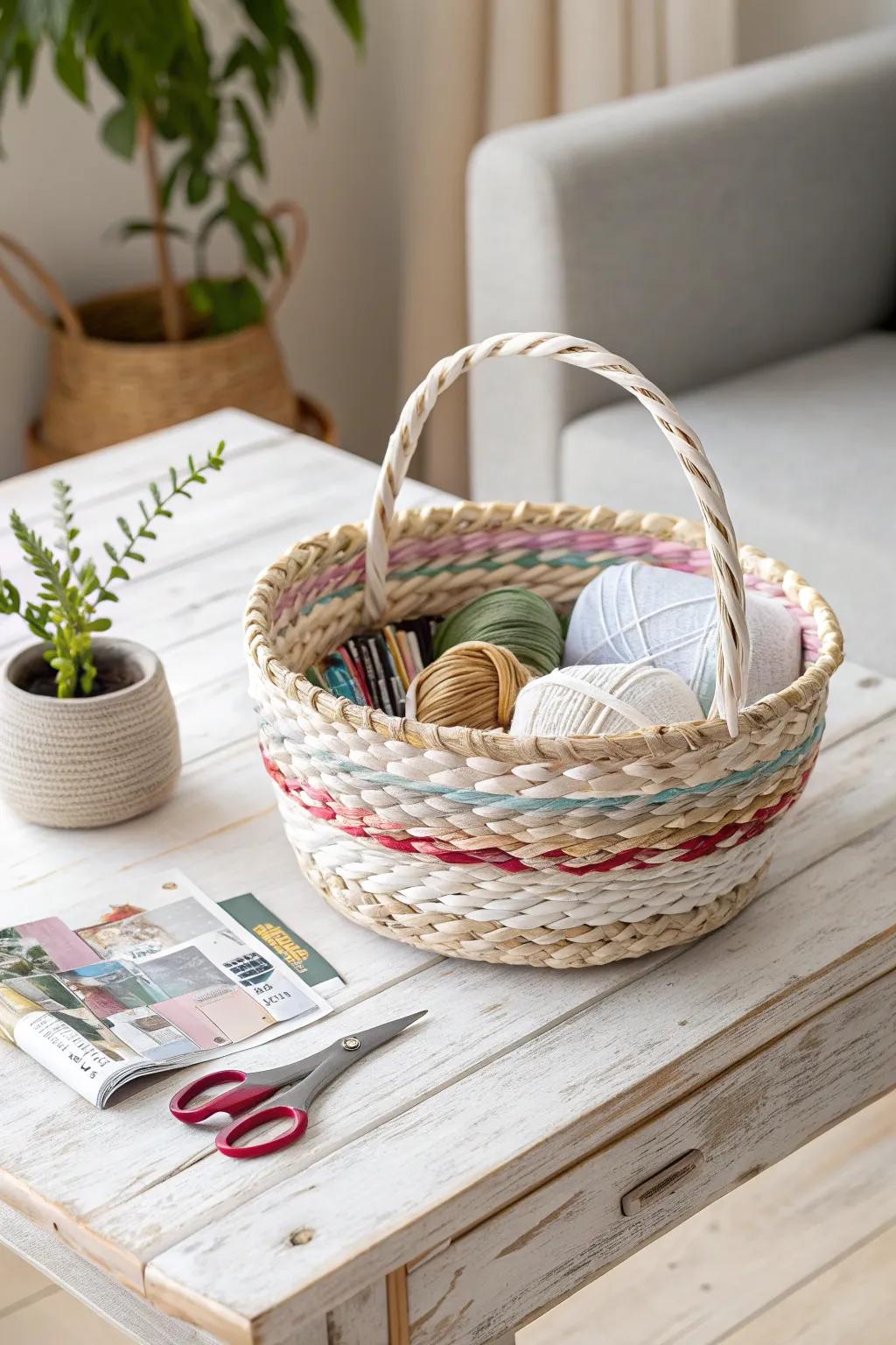 Transform vibrant magazine pages into a stunning, eco-friendly basket that adds a splash of color to your minimalist space.