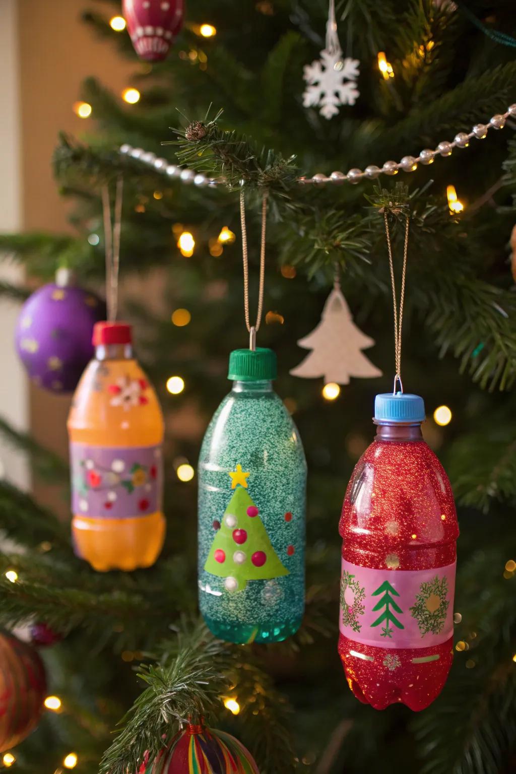 Lightweight baubles crafted from plastic bottles add eco-friendly flair.