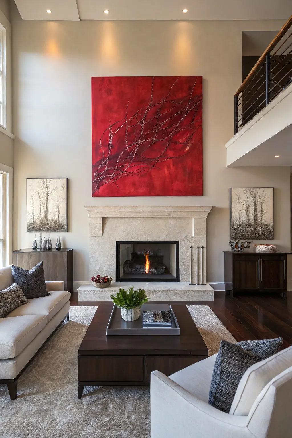 Artwork introduces a bold splash of red in this living room.