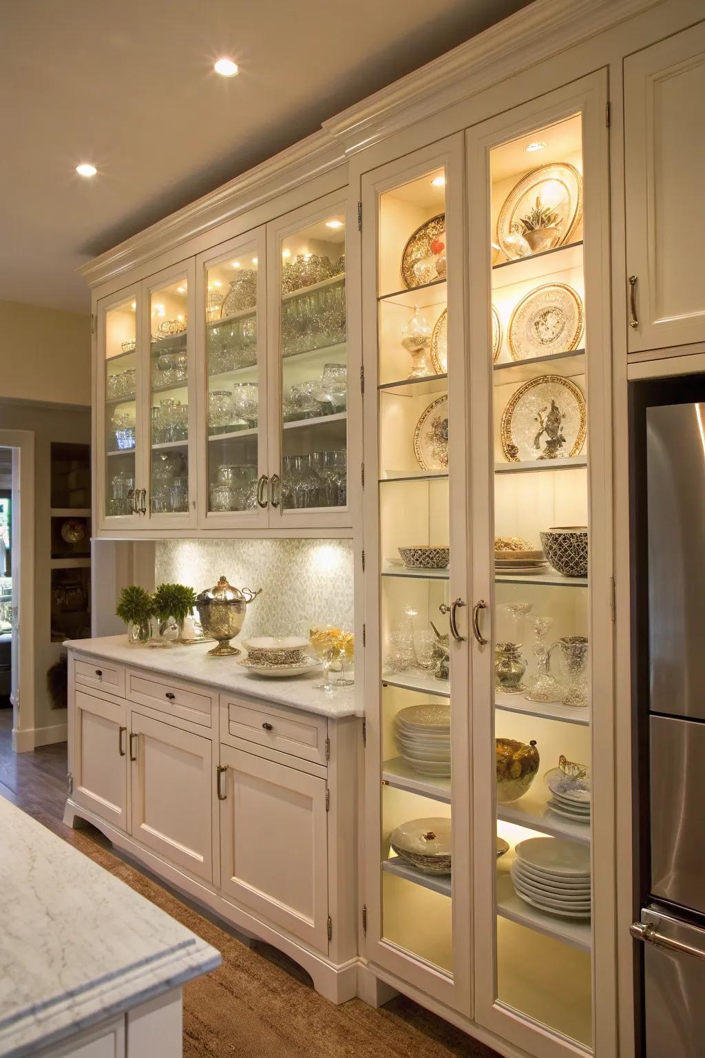 Glass-front cabinets above the fridge add elegance and openness.